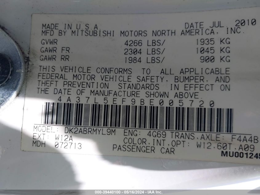 2011 Mitsubishi Eclipse Spyder Gs Sport VIN: 4A37L5EF9BE005720 Lot: 39440100