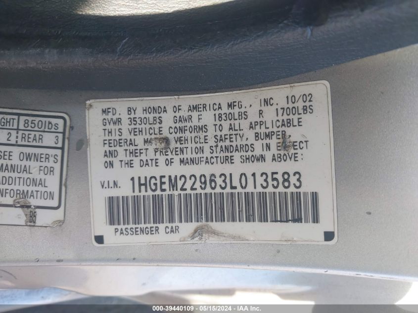 2003 Honda Civic Ex VIN: 1HGEM22963L013583 Lot: 39440109