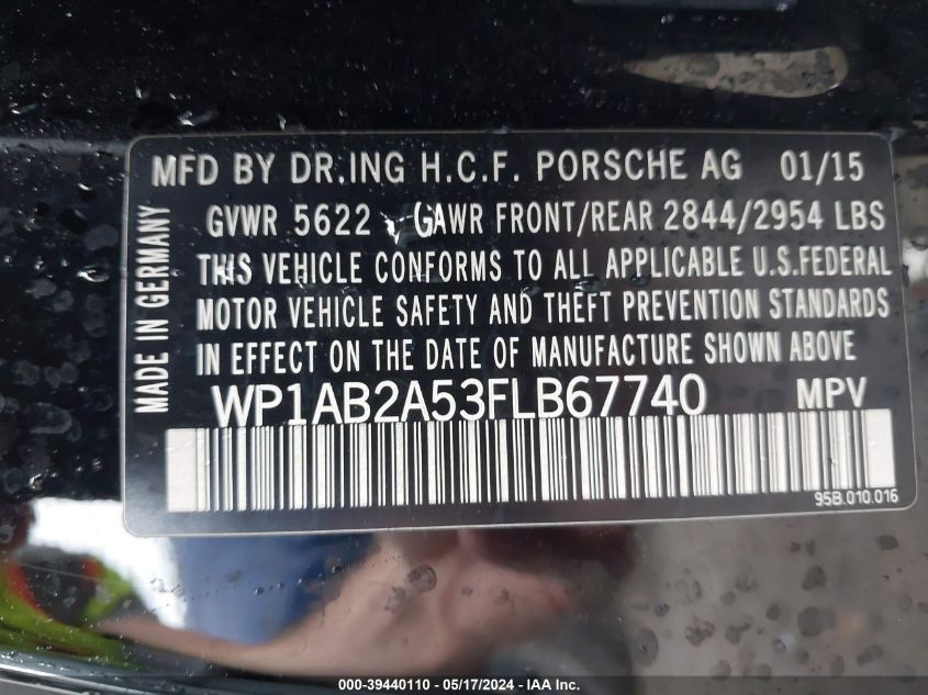 2015 Porsche Macan S VIN: WP1AB2A53FLB67740 Lot: 39440110