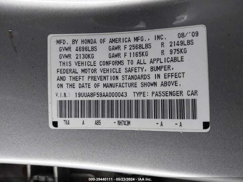 2010 Acura Tl 3.5 VIN: 19UUA8F59AA000043 Lot: 39440111
