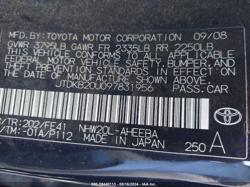 2009 Toyota Prius VIN: JTDKB20U097831956 Lot: 39440113