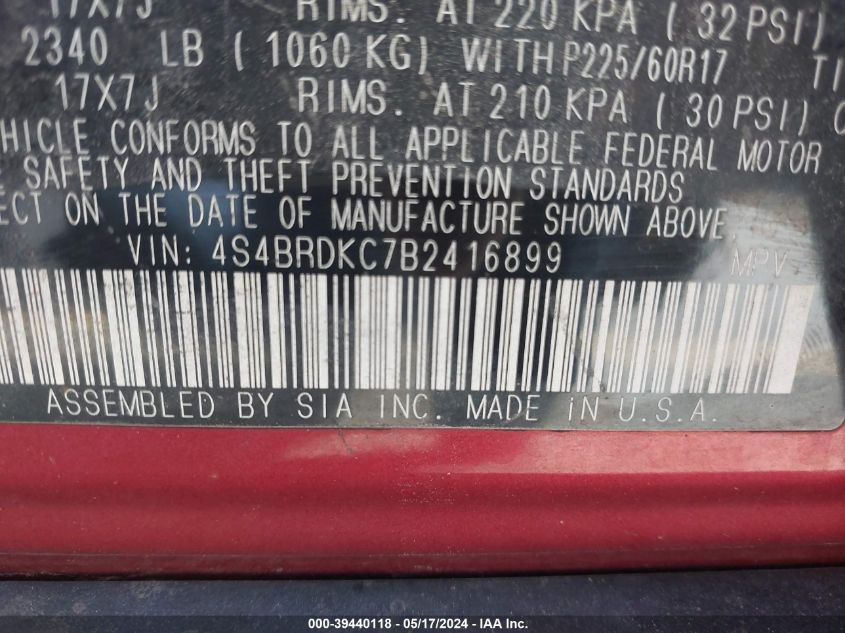 2011 Subaru Outback 3.6R Limited VIN: 4S4BRDKC7B2416899 Lot: 39440118