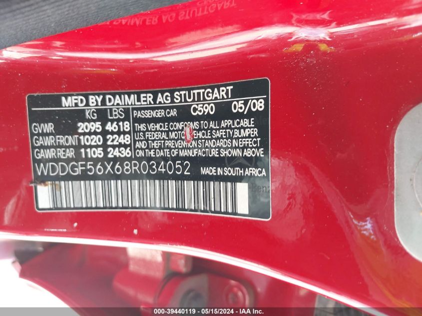 2008 Mercedes-Benz C 350 Sport VIN: WDDGF56X68R034052 Lot: 39440119