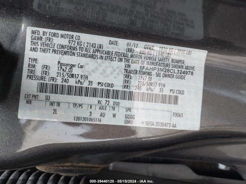 2012 Ford Focus Sel VIN: 1FAHP3M28CL324978 Lot: 39440120