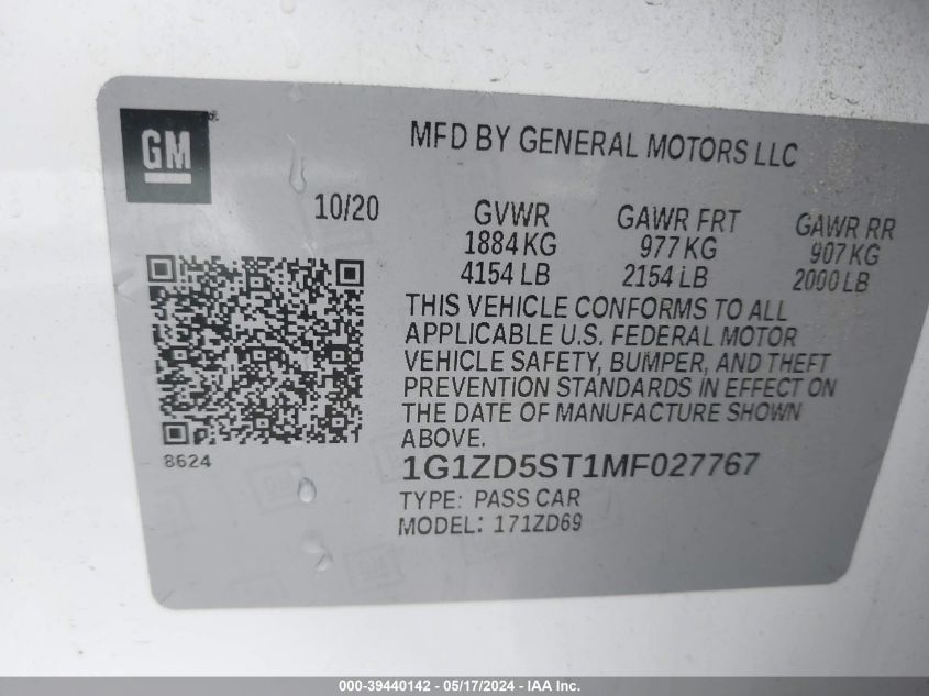 2021 Chevrolet Malibu Fwd Lt VIN: 1G1ZD5ST1MF027767 Lot: 39440142