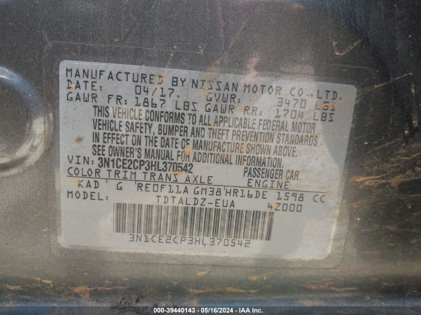 2017 Nissan Versa Note Sv VIN: 3N1CE2CP3HL370542 Lot: 39440143
