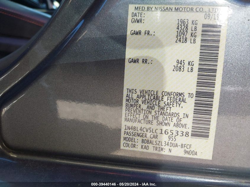 2020 Nissan Altima Sr Fwd VIN: 1N4BL4CV5LC165338 Lot: 39440146