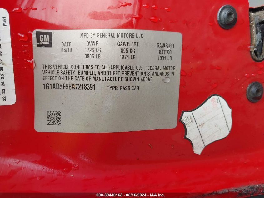 2010 Chevrolet Cobalt Lt VIN: 1G1AD5F58A7218391 Lot: 39440163