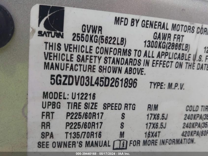 2005 Saturn Relay 2 VIN: 5GZDV03L45D261896 Lot: 39440168