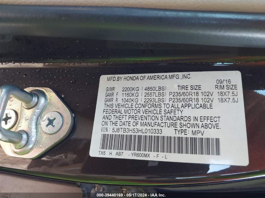 2017 Acura Rdx Technology Acurawatch Plus Packages/W/Technology Package VIN: 5J8TB3H53HL010333 Lot: 39440169