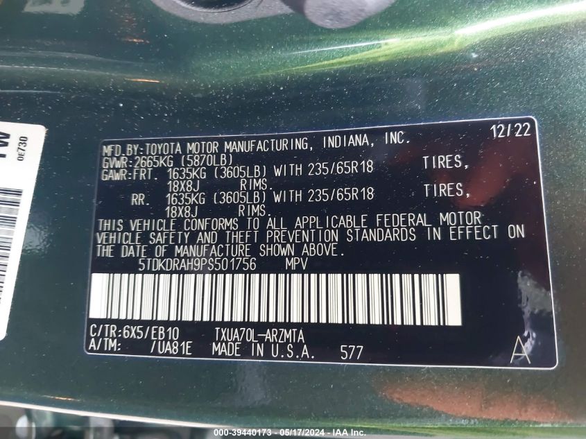 2023 Toyota Highlander Xle VIN: 5TDKDRAH9PS501756 Lot: 39440173