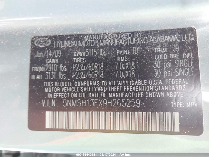 2009 Hyundai Santa Fe Limited VIN: 5NMSH13EX9H265259 Lot: 39440181