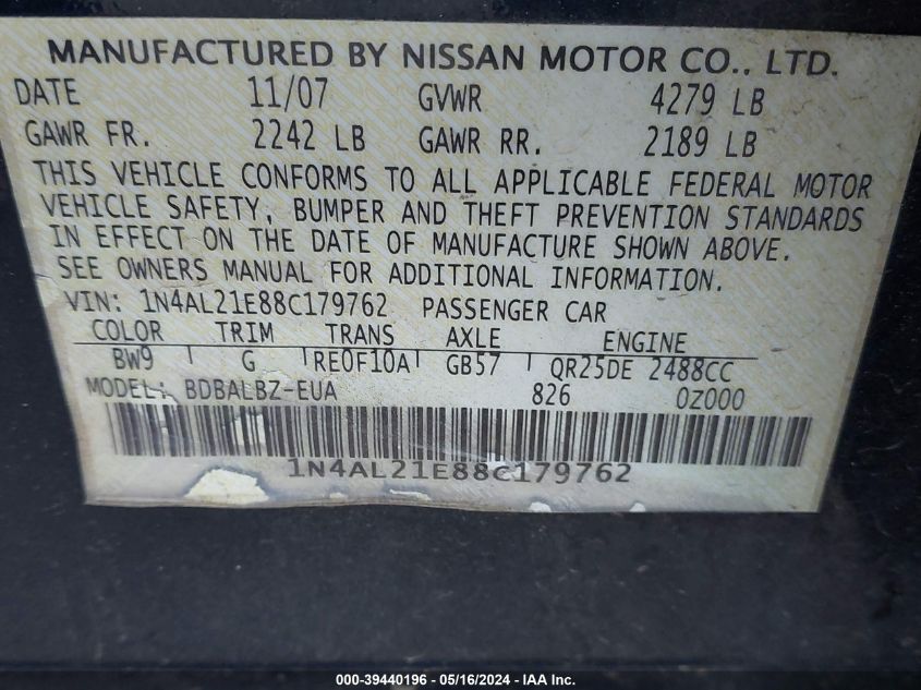 2008 Nissan Altima 2.5 S VIN: 1N4AL21E88C179762 Lot: 39440196