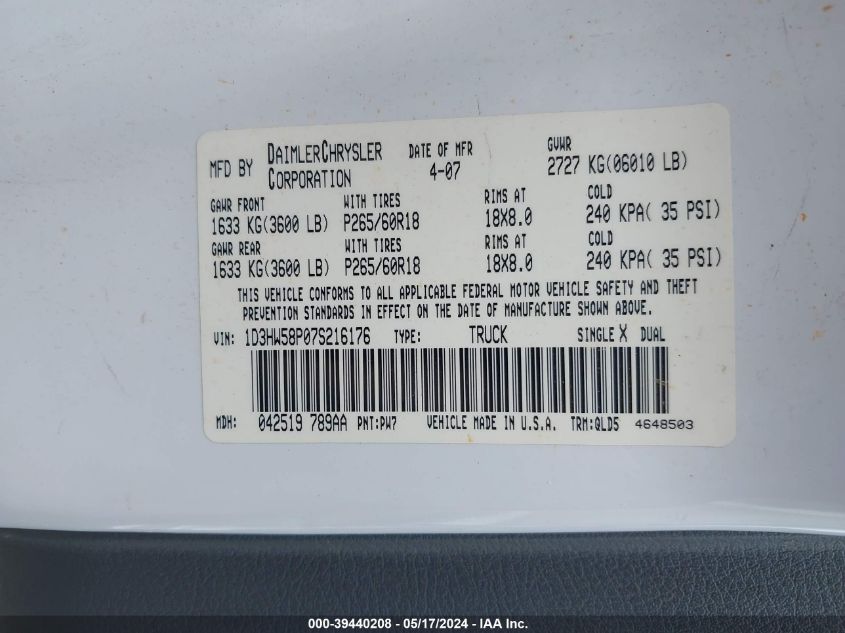 2007 Dodge Dakota Laramie VIN: 1D3HW58P07S216176 Lot: 39440208