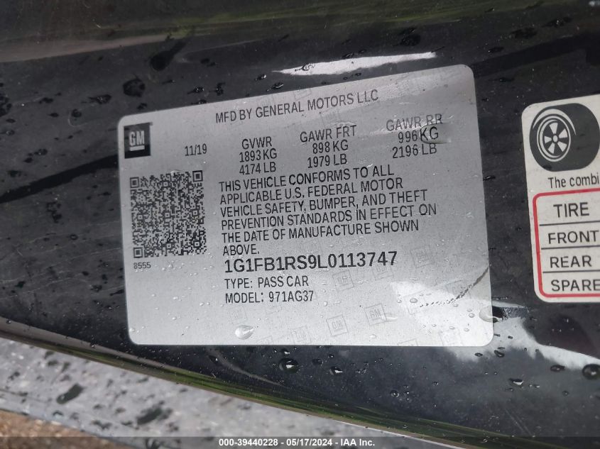 2020 Chevrolet Camaro Rwd 1Lt VIN: 1G1FB1RS9L0113747 Lot: 39440228