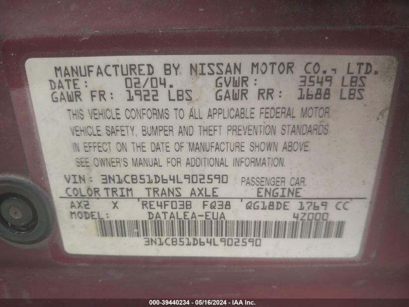 2004 Nissan Sentra 1.8S VIN: 3N1CB51D64L902590 Lot: 39440234