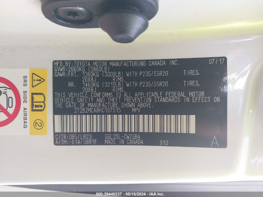 2017 Lexus Rx 350 VIN: 2T2BZMCA8HC107515 Lot: 39440237