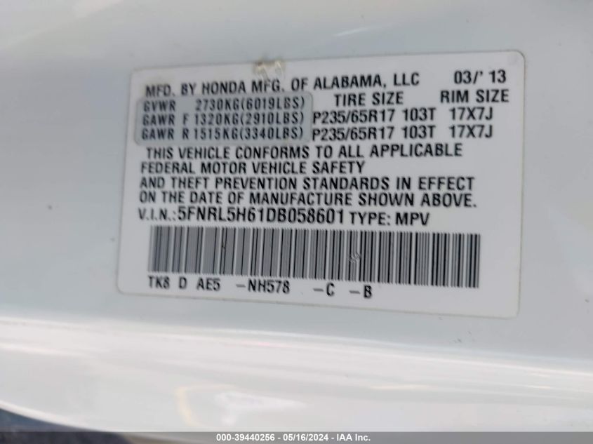 VIN 5FNRL5H61DB058601 2013 Honda Odyssey, Ex-L no.9