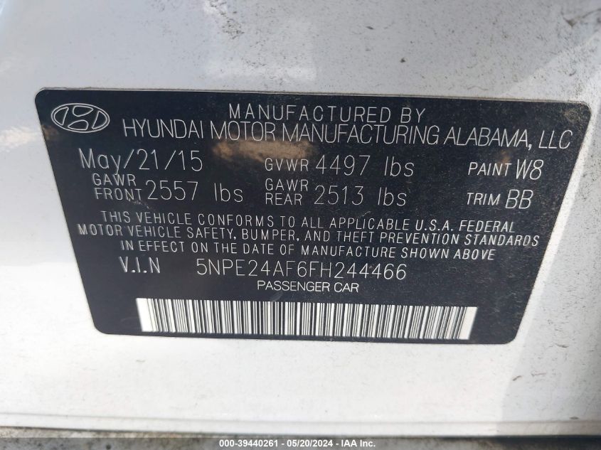 2015 Hyundai Sonata Se VIN: 5NPE24AF6FH244466 Lot: 39440261