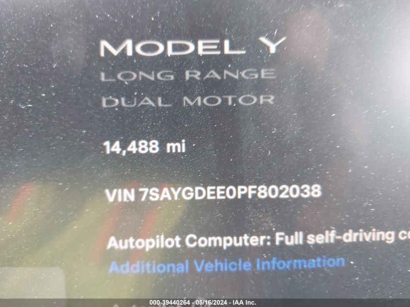 2023 Tesla Model Y Awd/Long Range Dual Motor All-Wheel Drive VIN: 7SAYGDEE0PF802038 Lot: 39440264