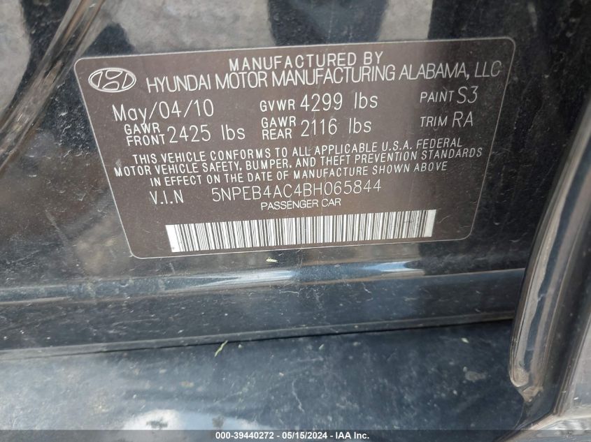 2011 Hyundai Sonata Gls VIN: 5NPEB4AC4BH065844 Lot: 39440272