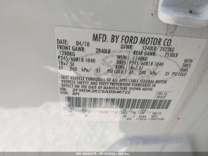 2010 Ford Edge Limited VIN: 2FMDK3KC9ABB46722 Lot: 39440276