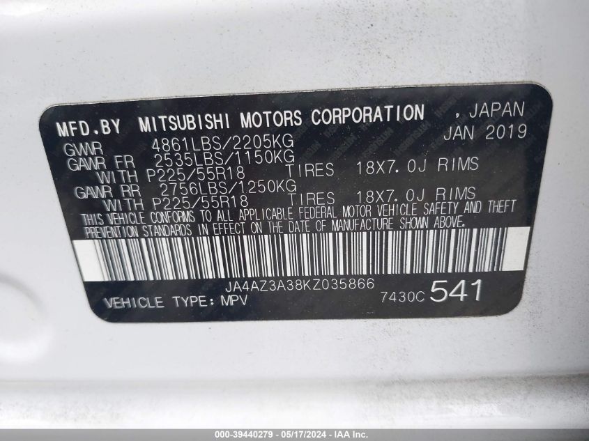 2019 Mitsubishi Outlander Sel VIN: JA4AZ3A38KZ035866 Lot: 39440279