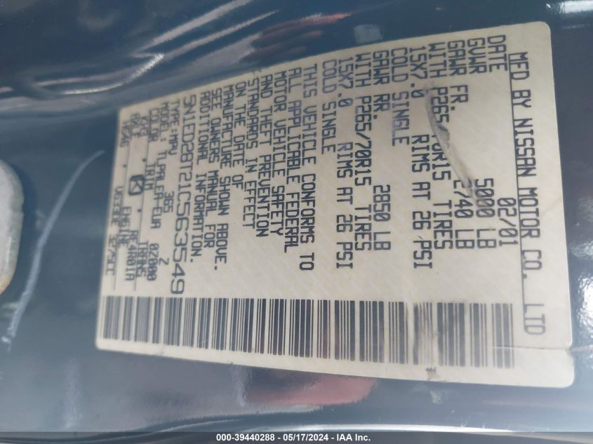 2001 Nissan Xterra Xe-V6 VIN: 5N1ED28T21C563549 Lot: 39440288