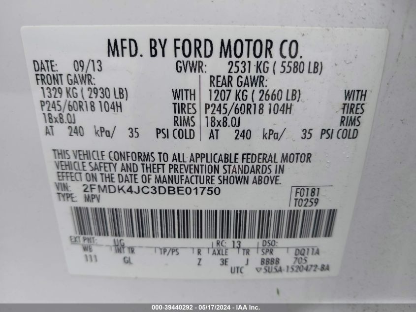 2013 Ford Edge Sel VIN: 2FMDK4JC3DBE01750 Lot: 39440292