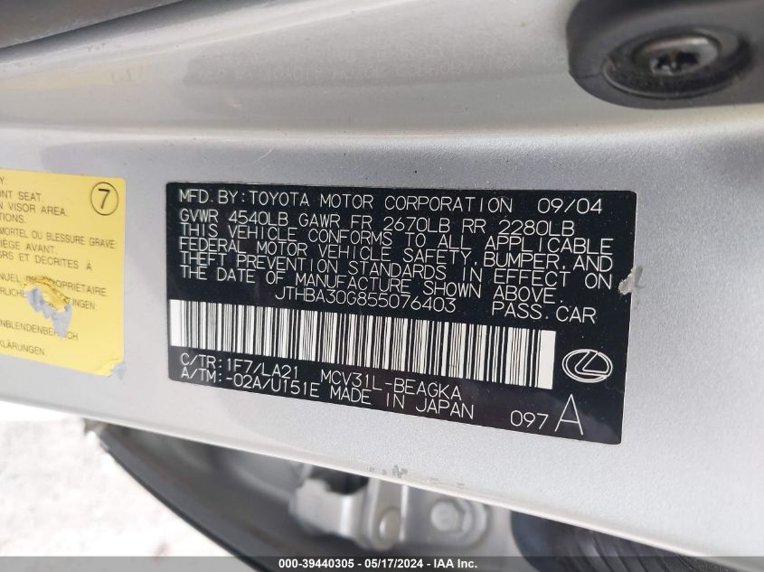 2005 Lexus Es 330 VIN: JTHBA30G855076403 Lot: 39440305