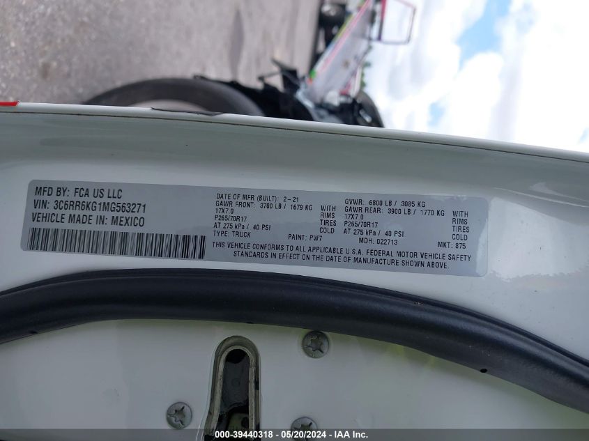 2021 Ram 1500 Classic Tradesman 4X2 5'7 Box VIN: 3C6RR6KG1MG563271 Lot: 39440318