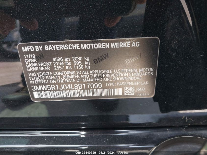 2020 BMW 330I VIN: 3MW5R1J04L8B17099 Lot: 39440329