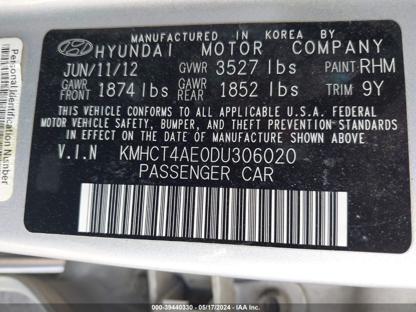 2013 Hyundai Accent Gls VIN: KMHCT4AE0DU306020 Lot: 39440330