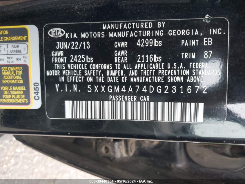 2013 Kia Optima Lx VIN: 5XXGM4A74DG231672 Lot: 39440354