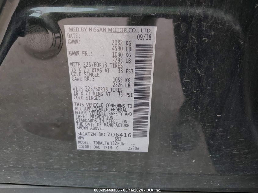 2019 Nissan Rogue Sv VIN: 5N1AT2MT8KC706416 Lot: 39440356