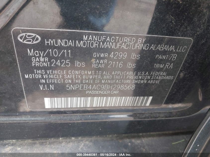 2011 Hyundai Sonata Gls VIN: 5NPEB4AC9BH298568 Lot: 39440361