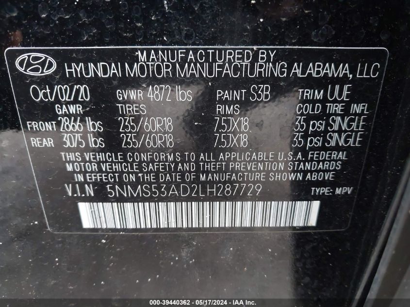 2020 Hyundai Santa Fe Limited/Ultimate VIN: 5NMS53AD2LH287729 Lot: 39440362