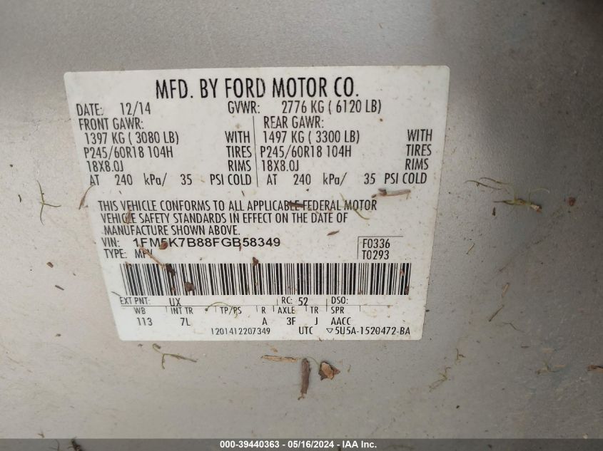 2015 Ford Explorer VIN: 1FM5K7B88FGB58349 Lot: 39440363