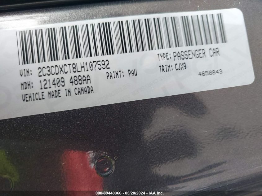 2020 Dodge Charger R/T Rwd VIN: 2C3CDXCT8LH107592 Lot: 39440366