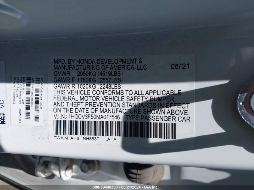 2021 Honda Accord Hybrid Ex-L VIN: 1HGCV3F50MA017546 Lot: 39440390