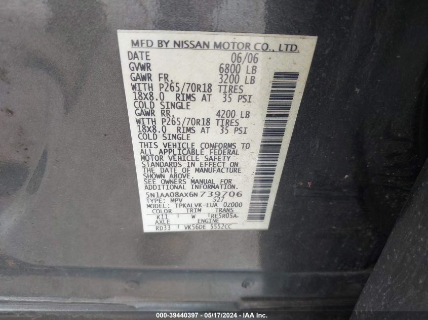 2006 Nissan Armada Le VIN: 5N1AA08AX6N739706 Lot: 39440397