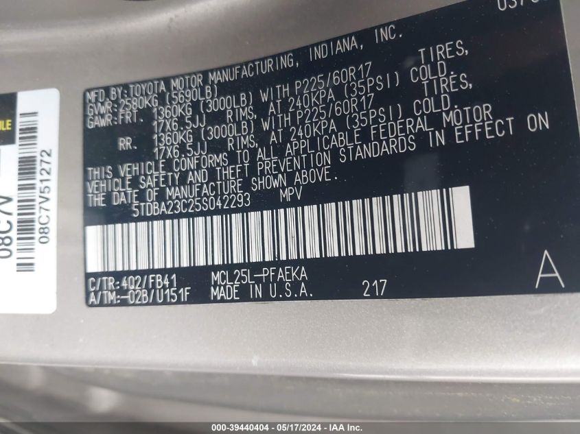 2005 Toyota Sienna Le VIN: 5TDBA23C25S042293 Lot: 39440404