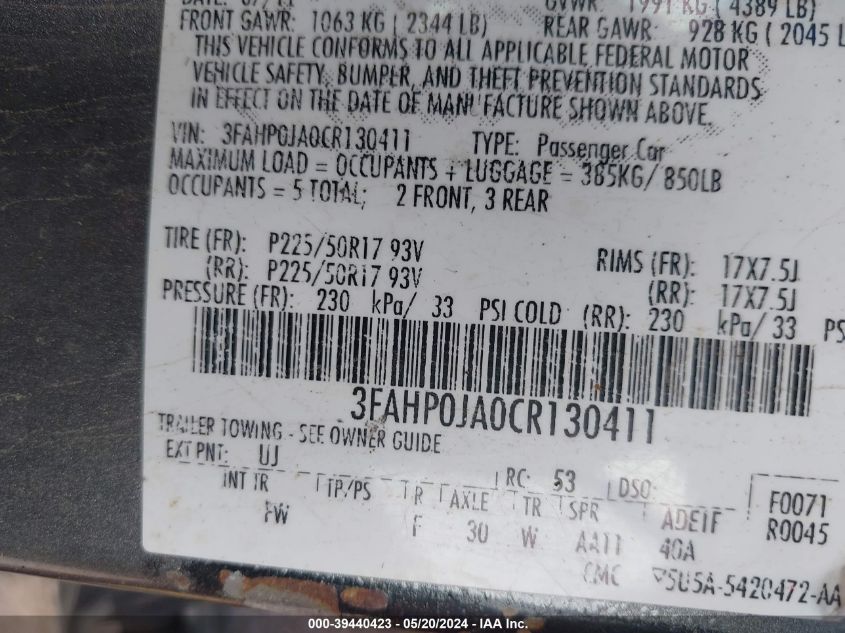 2012 Ford Fusion Sel VIN: 3FAHP0JA0CR130411 Lot: 39440423