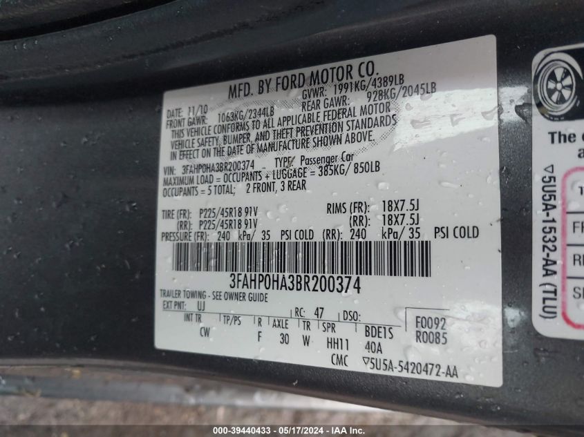 2011 Ford Fusion Se VIN: 3FAHP0HA3BR200374 Lot: 39440433