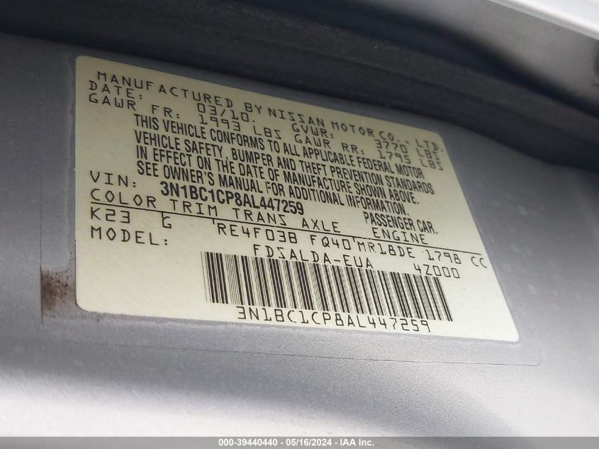 2010 Nissan Versa 1.8S VIN: 3N1BC1CP8AL447259 Lot: 39440440