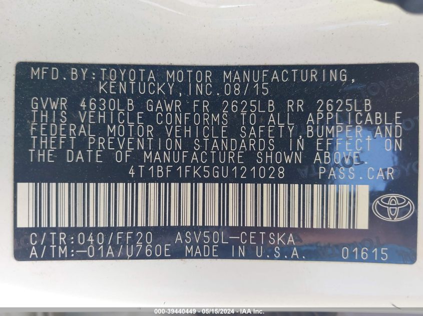 2016 Toyota Camry Se VIN: 4T1BF1FK5GU121028 Lot: 39440449