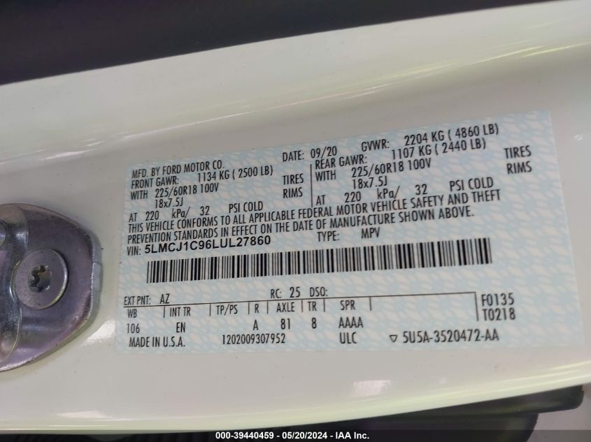 2020 Lincoln Corsair Standard VIN: 5LMCJ1C96LUL27860 Lot: 39440459