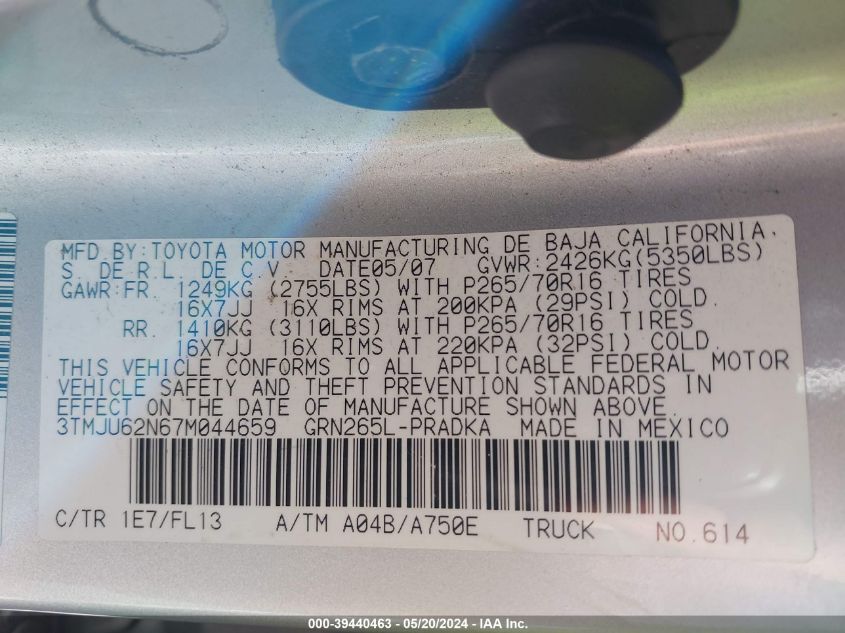 2007 Toyota Tacoma Prerunner V6 VIN: 3TMJU62N67M044659 Lot: 39440463
