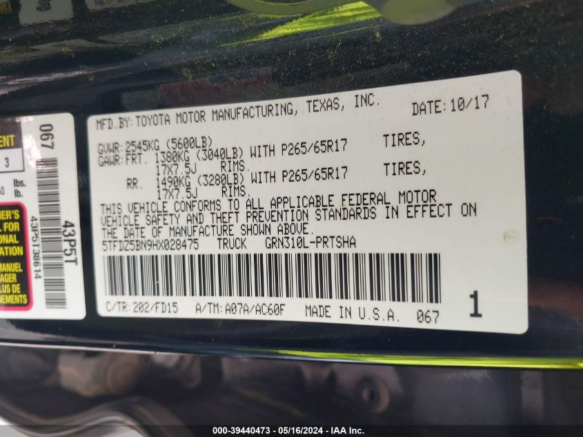 2017 Toyota Tacoma Trd Sport VIN: 5TFDZ5BN9HX028475 Lot: 39440473