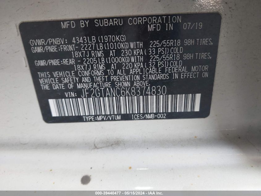 2019 Subaru Crosstrek 2.0I Limited VIN: JF2GTANC6K8374830 Lot: 39440477